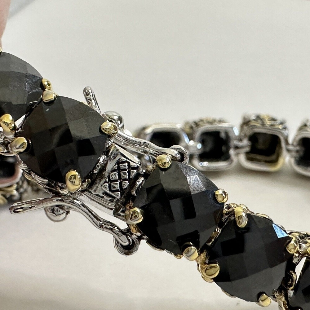 Bracelet Black Faceted Tennis Style Two Toned Safety Clasp IJDI China 925 Marked - Picture 2 of 13